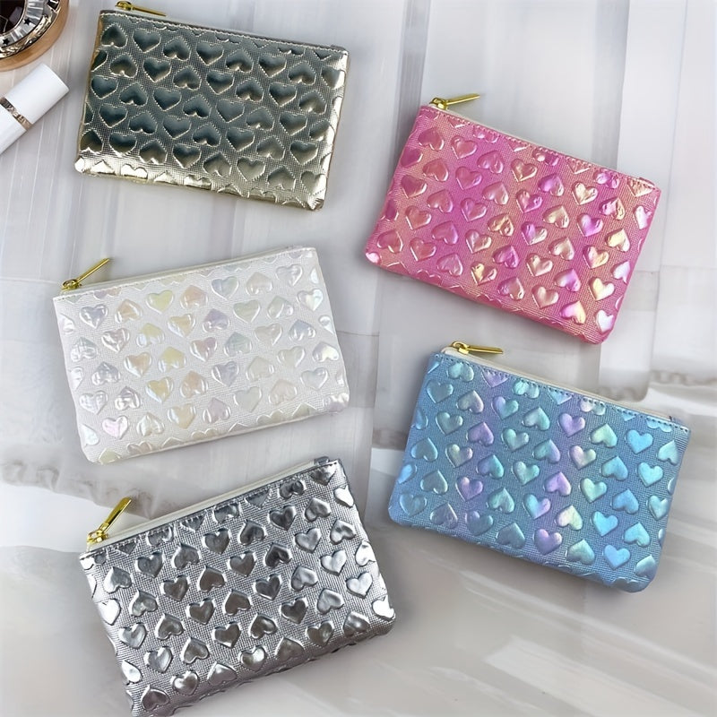 Stylish Heart Pattern Coin Purse for Women  Soft Synthetic Leather Zipper Wallet Compact  Practical Gift Bag in Teal Pink White or BlueGreen Perfect for Everyday Use Novelty Purse